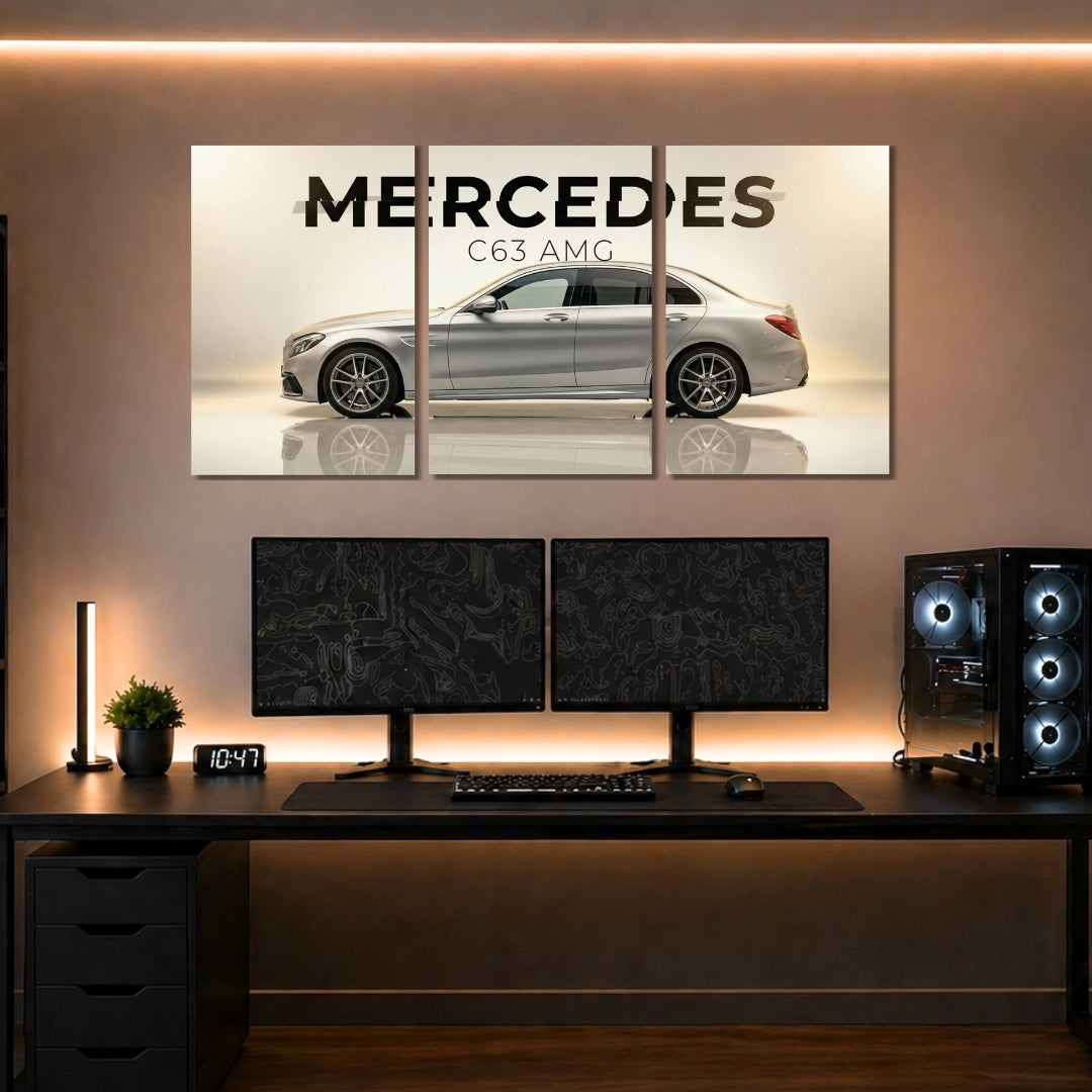 Mercedes-Benz C63 AMG 3 Panel Wall Frames | Premium AMG Car Wall Art | 4K Waterproof & Fade-Proof Luxury Automotive Decor for Gaming Room, Office & Bedroom