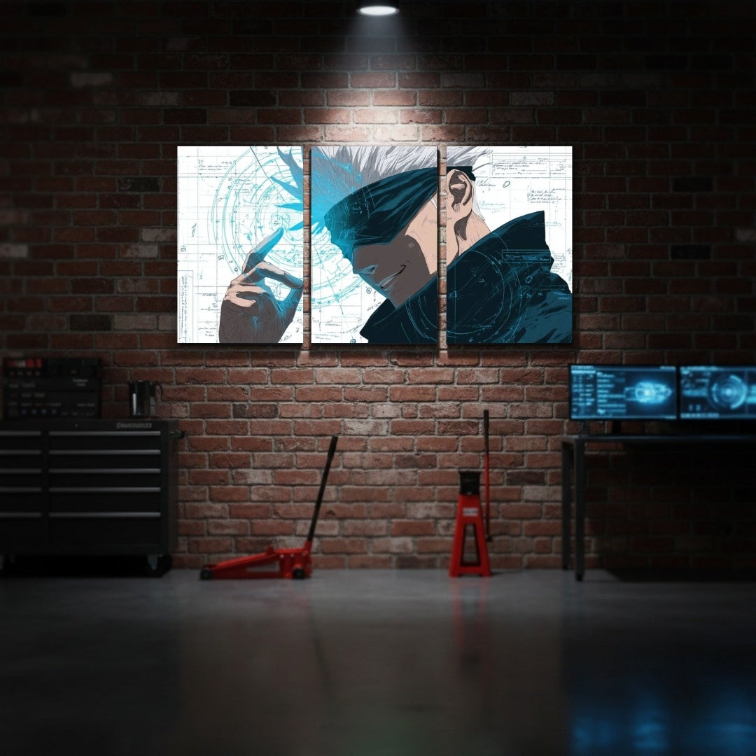 Gojo Satoru 3 Panel Wall Frame | Jujutsu Kaisen Anime Wall Art | 4K Waterproof Gaming Room & Otaku Decor