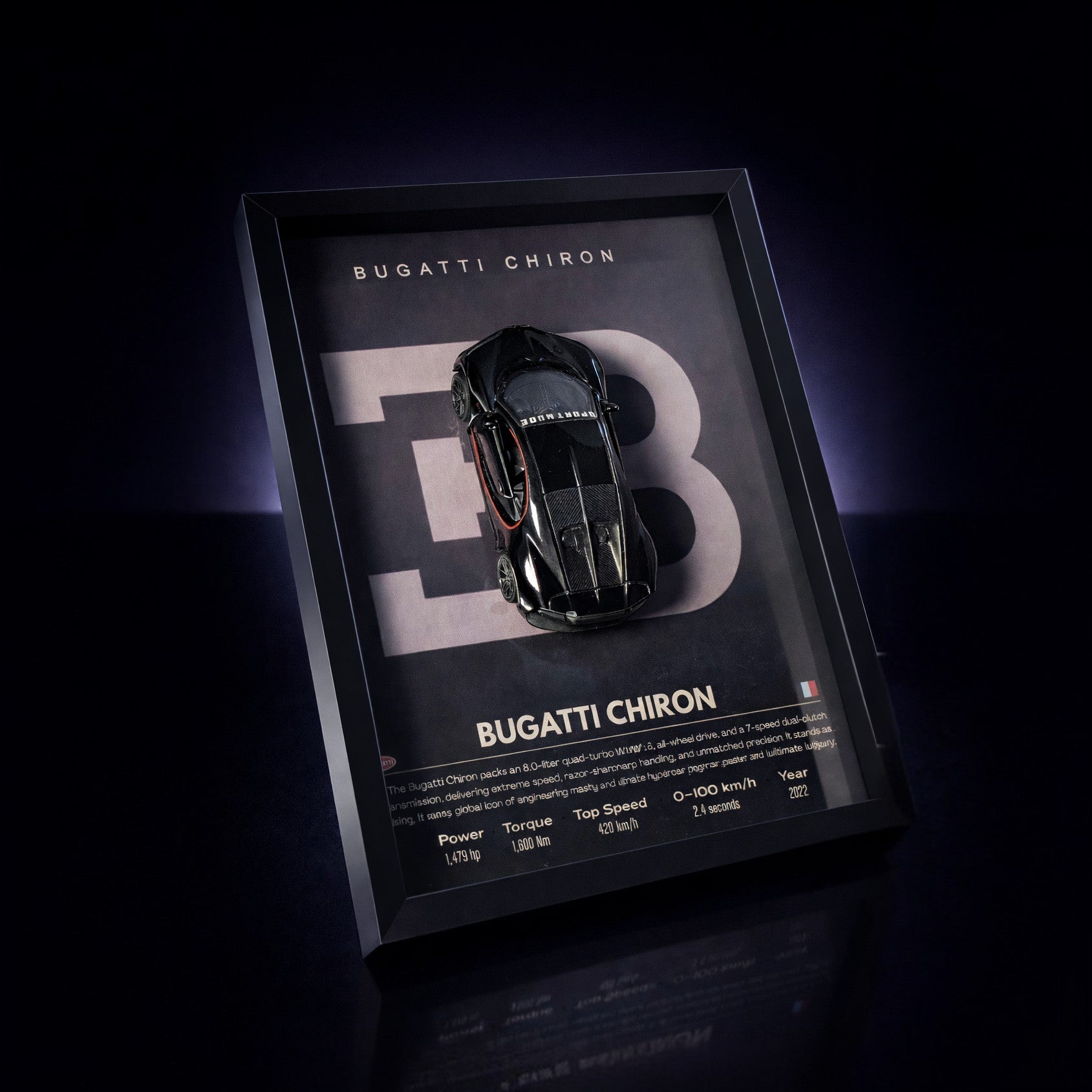 Bugatti Chiron 3D car frame with metal diecast model in glass shadow box – luxury car wall art Pakistan