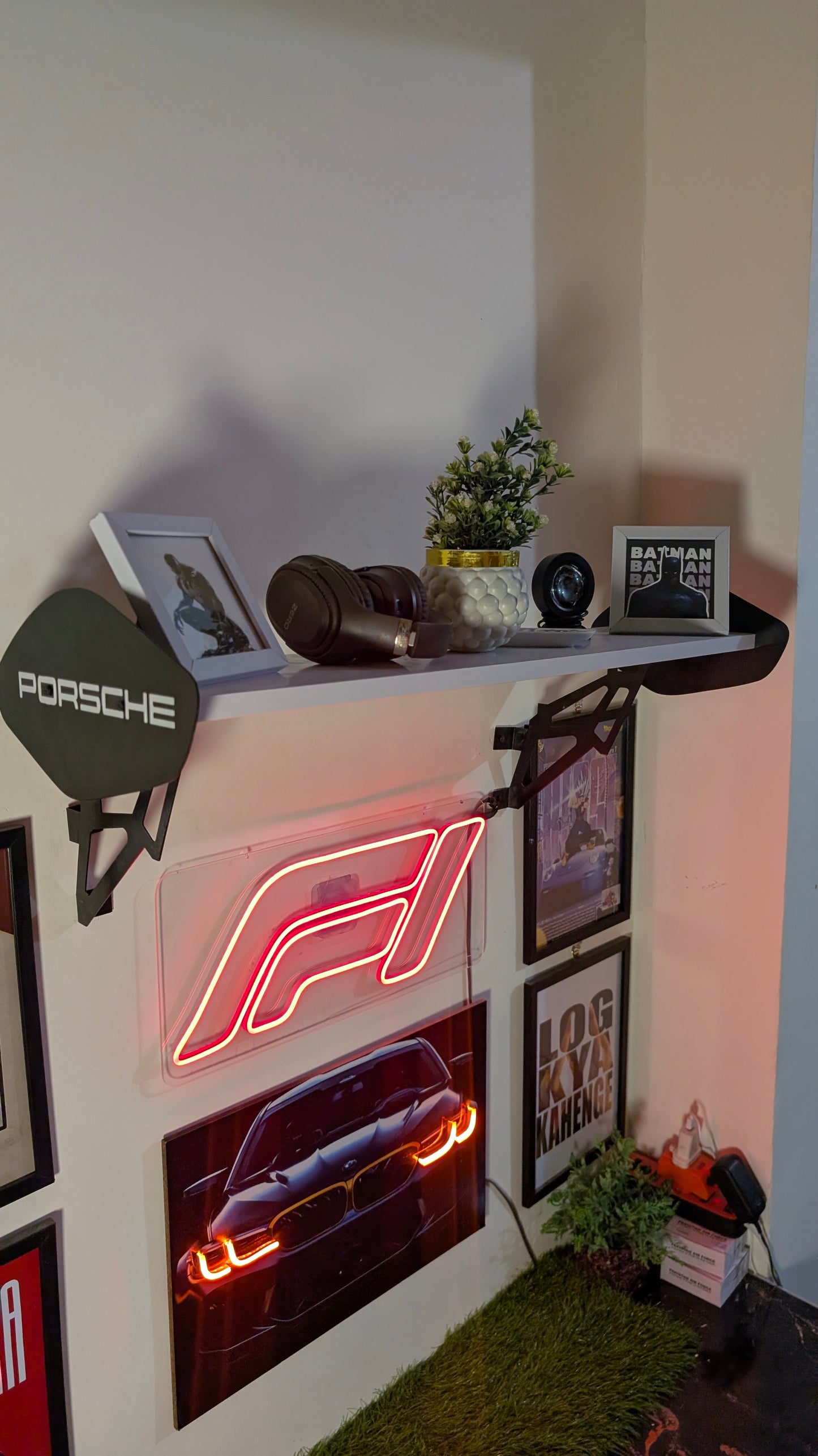 Porsche GT Spoiler Shelf Wall Mount, LED Racing Shelf for Garage, Gaming Room & Car Enthusiasts