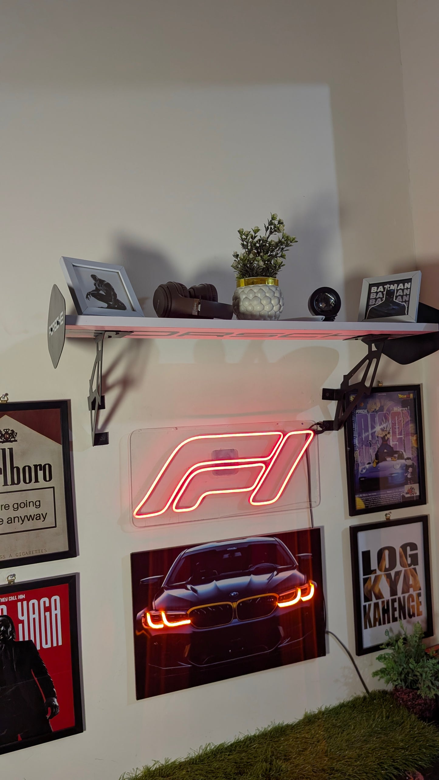 Porsche GT Spoiler Shelf Wall Mount, LED Racing Shelf for Garage, Gaming Room & Car Enthusiasts